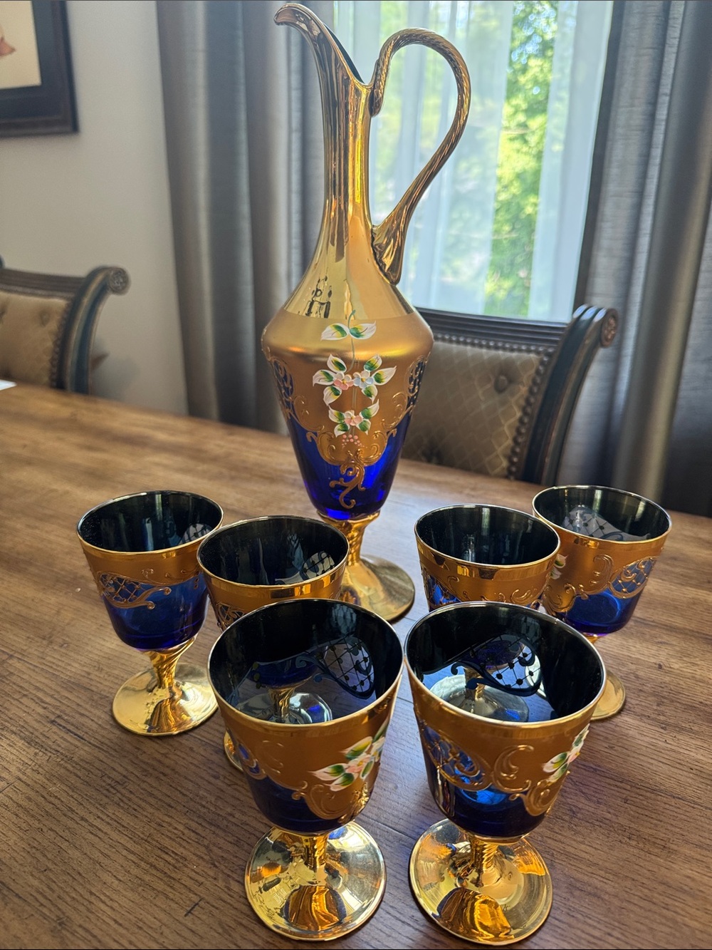 MURANO Venice Italy Blue Glass Decanter Set 7 | 6 Wine Glasses 24kt Gold Leaf